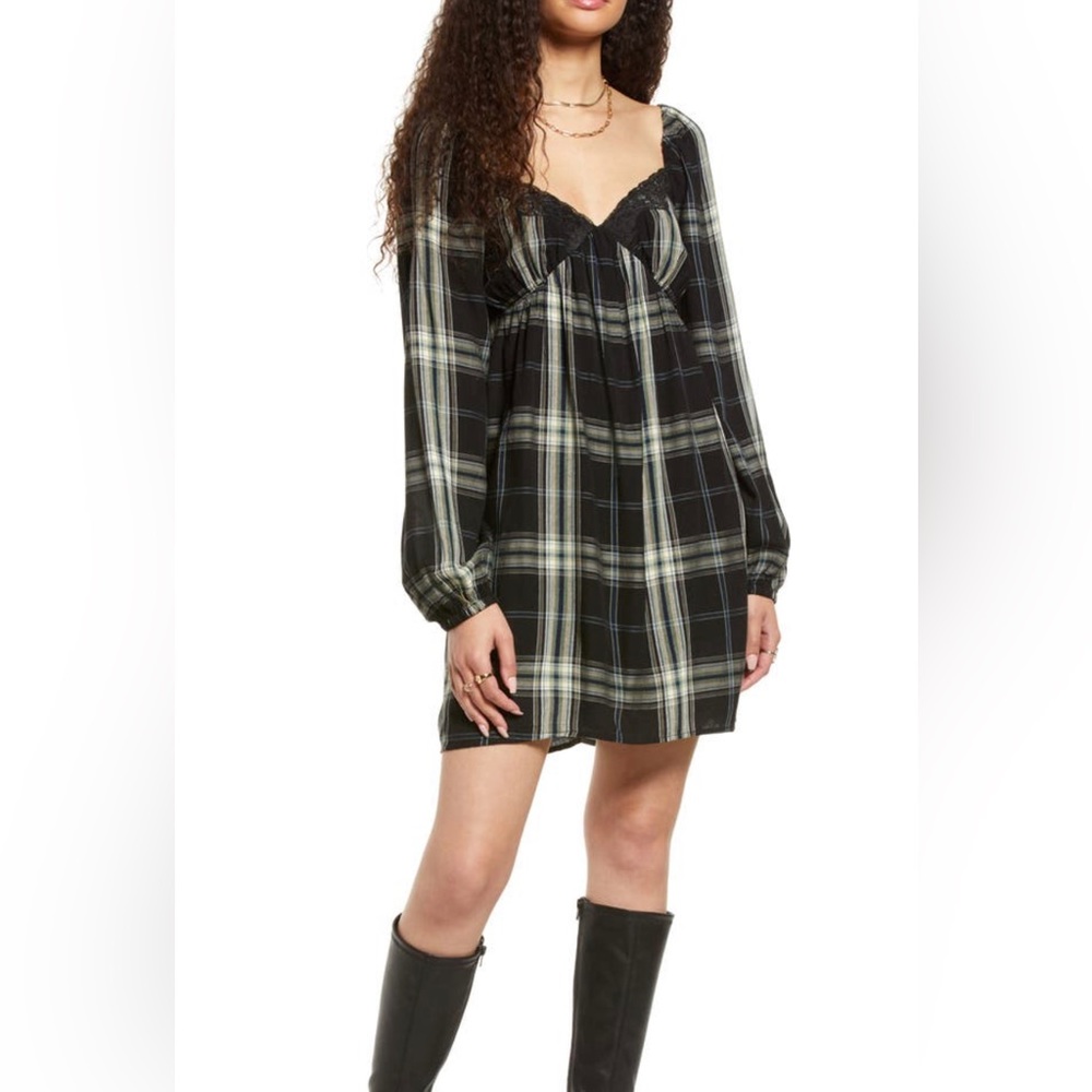 BP Lacey Plaid Long Sleeve Babydoll Dress, Small